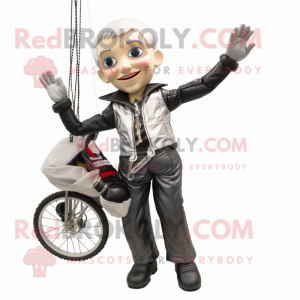 Silver Trapeze Artist mascot costume character dressed with a Moto Jacket and Suspenders