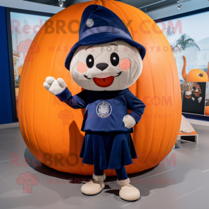 Navy Pumpkin mascot costume character dressed with a Chinos and Rings