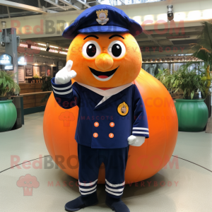 Navy Pumpkin mascot costume character dressed with a Chinos and Rings