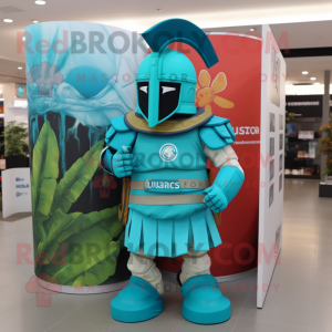 Turquoise Spartan Soldier mascot costume character dressed with a Cover-up and Tote bags