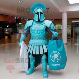Turquoise Spartan Soldier mascot costume character dressed with a Cover-up and Tote bags