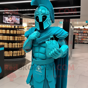 Turquoise Spartan Soldier mascot costume character dressed with a Cover-up and Tote bags