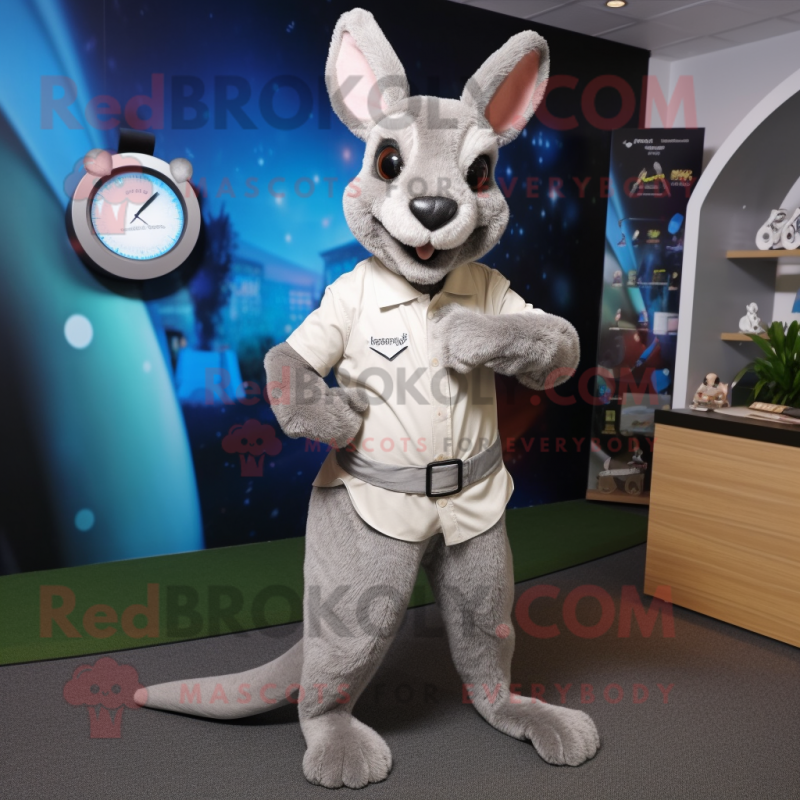 Silver Kangaroo mascot costume character dressed with a Waistcoat and Smartwatches