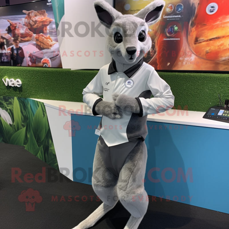 Silver Kangaroo mascot costume character dressed with a Waistcoat and Smartwatches Silver Kangaroo mascot costume character dressed with a Waistcoat and Smartwatches