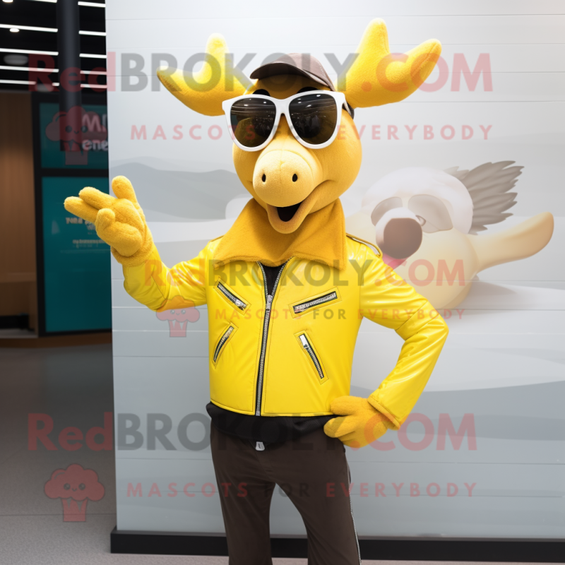 Yellow Reindeer mascot costume character dressed with a Leather Jacket and Sunglasses Yellow Reindeer mascot costume character dressed with a Leather Jacket and Sunglasses