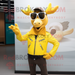 Yellow Reindeer mascot costume character dressed with a Leather Jacket and Sunglasses