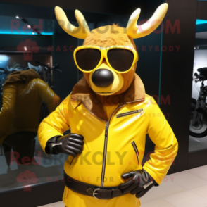 Yellow Reindeer mascot costume character dressed with a Leather Jacket and Sunglasses