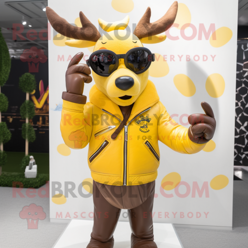 Yellow Reindeer mascot costume character dressed with a Leather Jacket and Sunglasses Yellow Reindeer mascot costume character dressed with a Leather Jacket and Sunglasses
