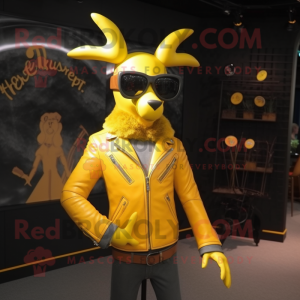 Yellow Reindeer mascot costume character dressed with a Leather Jacket and Sunglasses