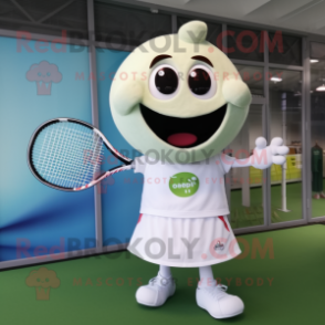 Cream Tennis Racket mascot costume character dressed with a Tank Top and Keychains