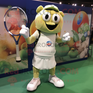 Cream Tennis Racket mascot costume character dressed with a Tank Top and Keychains