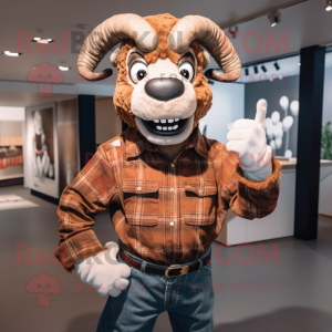 Rust Ram mascot costume character dressed with a Button-Up Shirt and Gloves