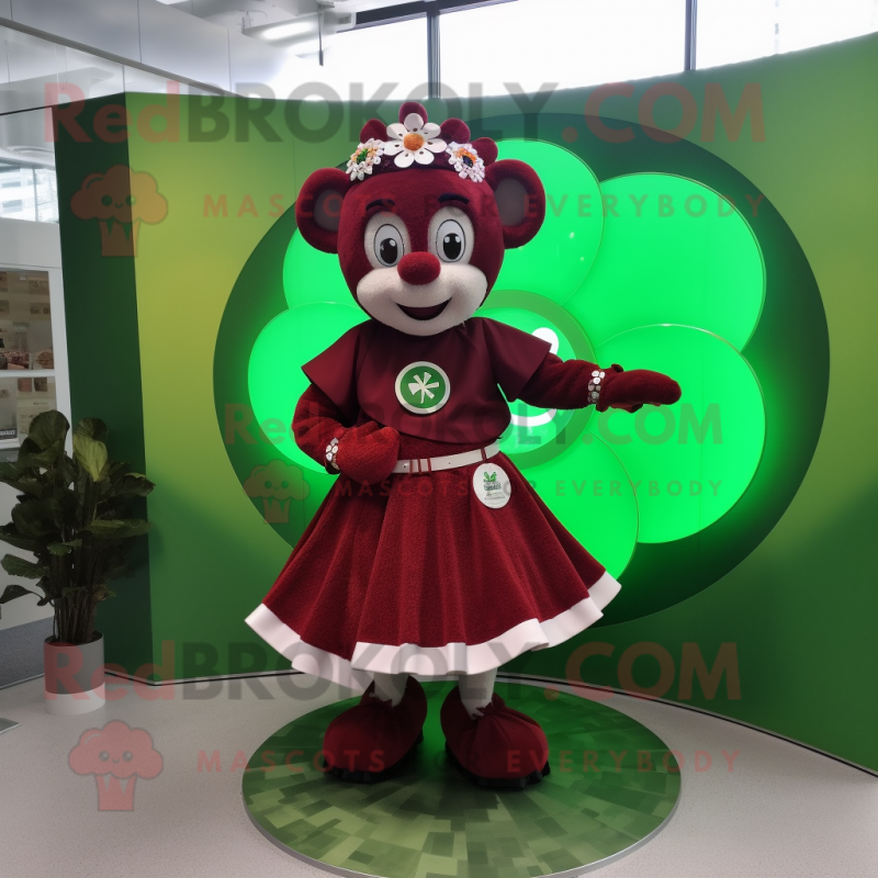Maroon Four Leaf Clover mascot costume character dressed with a Circle Skirt and Bracelet watches Maroon Four Leaf Clover mascot costume character dressed with a Circle Skirt and Bracelet watches