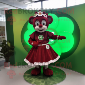 Maroon Four Leaf Clover mascot costume character dressed with a Circle Skirt and Bracelet watches
