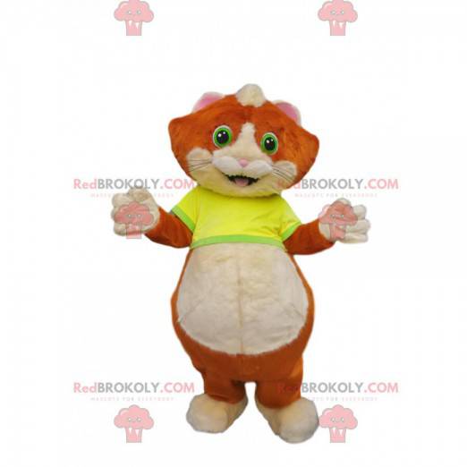 Mascote gatinho vermelho e branco com uma camisa amarela -