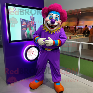 Purple Clown mascot costume character dressed with a Polo Shirt and Bracelet watches