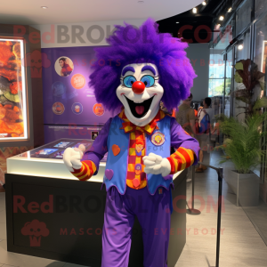 Purple Clown mascot costume character dressed with a Polo Shirt and Bracelet watches
