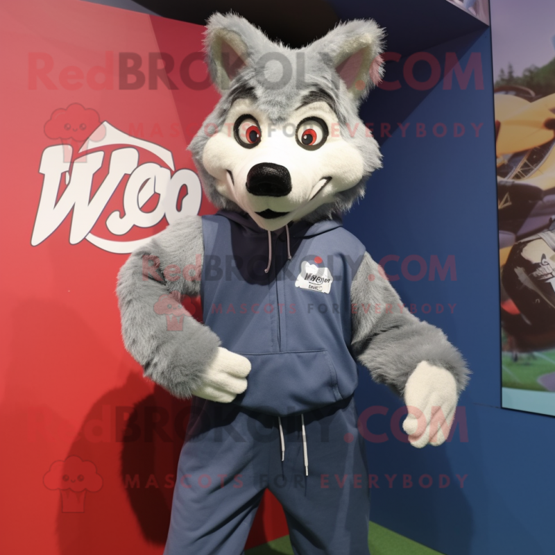 nan Wolf mascot costume character dressed with a Sweatshirt and Suspenders nan Wolf mascot costume character dressed with a Sweatshirt and Suspenders
