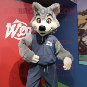 nan Wolf mascot costume character dressed with a Sweatshirt and Suspenders