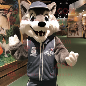 nan Wolf mascot costume character dressed with a Sweatshirt and Suspenders