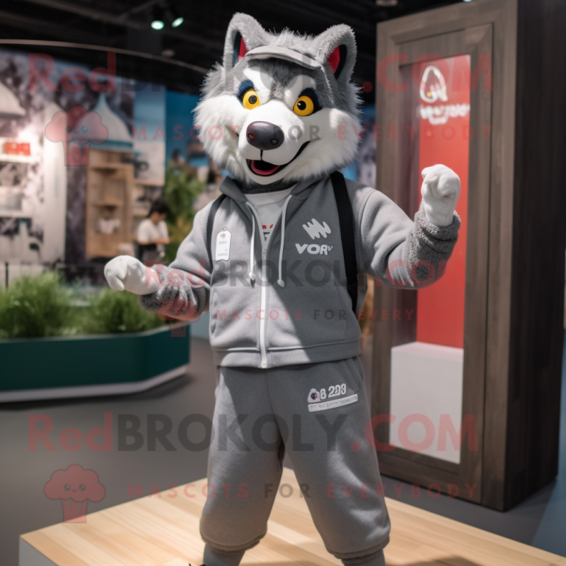 nan Wolf mascot costume character dressed with a Sweatshirt and Suspenders