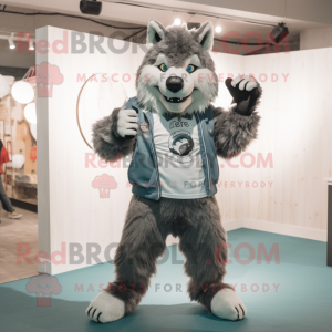 nan Wolf mascot costume character dressed with a Sweatshirt and Suspenders