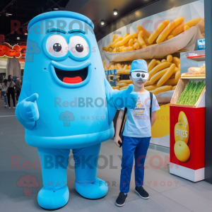 Sky Blue French Fries mascot costume character dressed with a Polo Shirt and Watches
