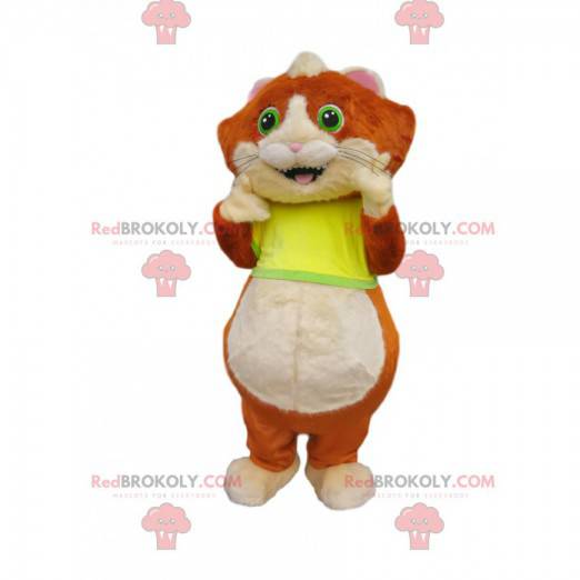 Mascot little red and white cat with a yellow jersey -