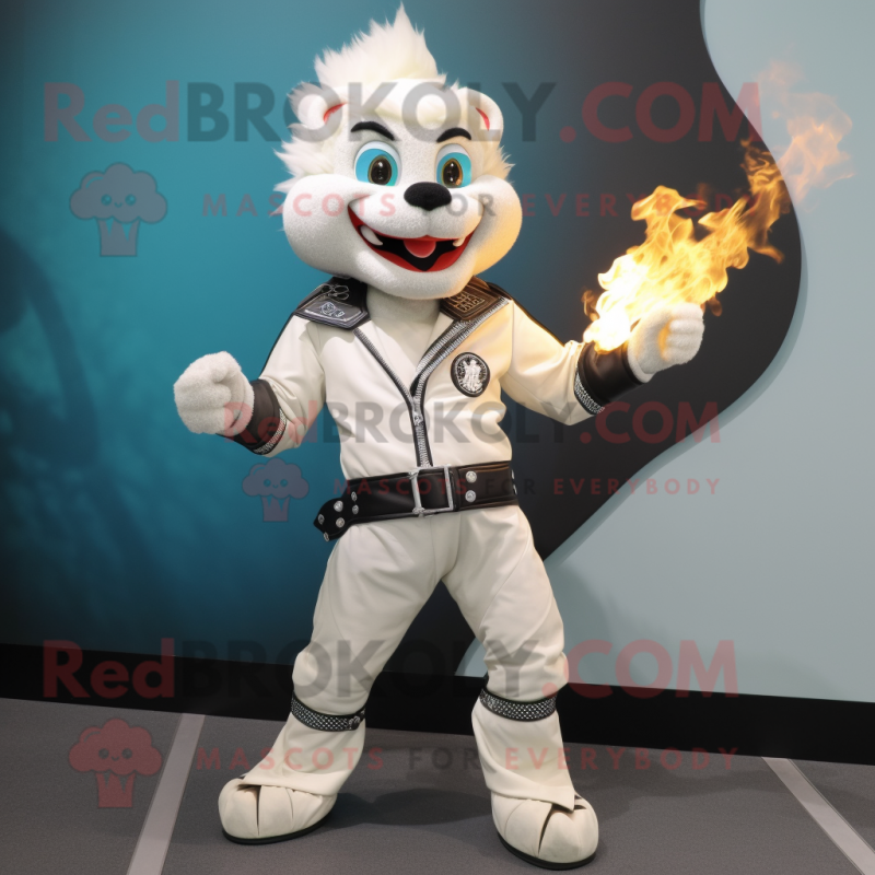 White Fire Eater mascot costume character dressed with a Moto Jacket and Handbags White Fire Eater mascot costume character dressed with a Moto Jacket and Handbags