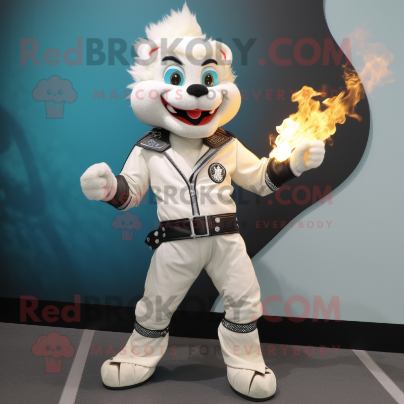 White Fire Eater mascot costume character dressed with a Moto Jacket and Handbags