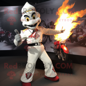 White Fire Eater mascot costume character dressed with a Moto Jacket and Handbags
