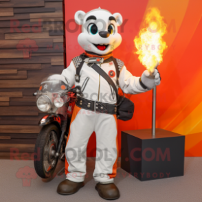 White Fire Eater mascot costume character dressed with a Moto Jacket and Handbags