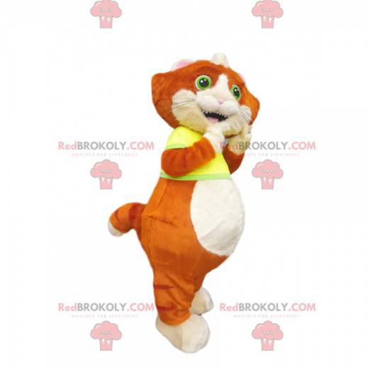Mascote gatinho vermelho e branco com uma camisa amarela -
