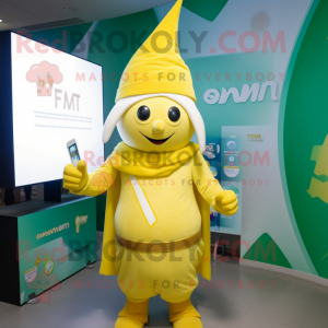 Lemon Yellow Wizard mascot costume character dressed with a T-Shirt and Smartwatches