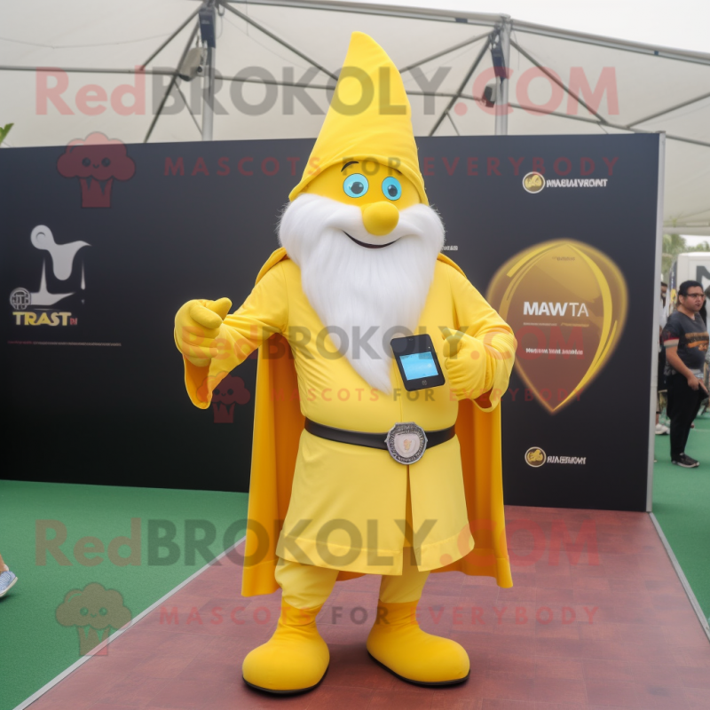 Lemon Yellow Wizard mascot costume character dressed with a T-Shirt and Smartwatches