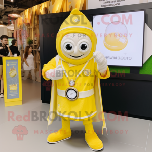 Lemon Yellow Wizard mascot costume character dressed with a T-Shirt and Smartwatches