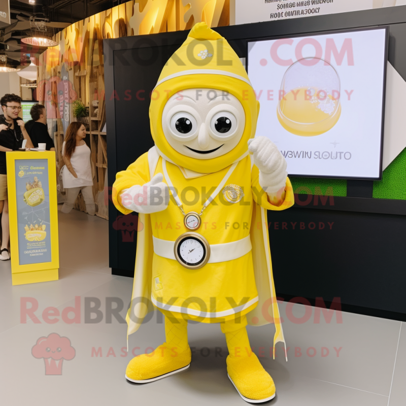 Lemon Yellow Wizard mascot costume character dressed with a T-Shirt and Smartwatches Lemon Yellow Wizard mascot costume character dressed with a T-Shirt and Smartwatches