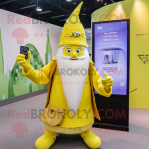 Lemon Yellow Wizard mascot costume character dressed with a T-Shirt and Smartwatches