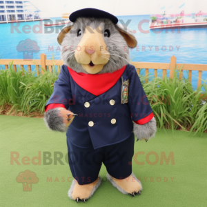 Navy Guinea Pig mascot costume character dressed with a Bermuda Shorts and Shoe clips