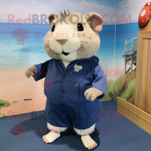 Navy Guinea Pig mascot costume character dressed with a Bermuda Shorts and Shoe clips