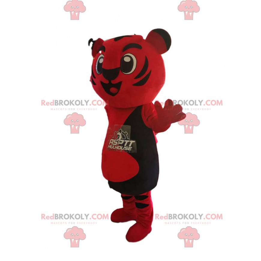 Mascote tigre vermelho e preto muito feliz - Redbrokoly.com