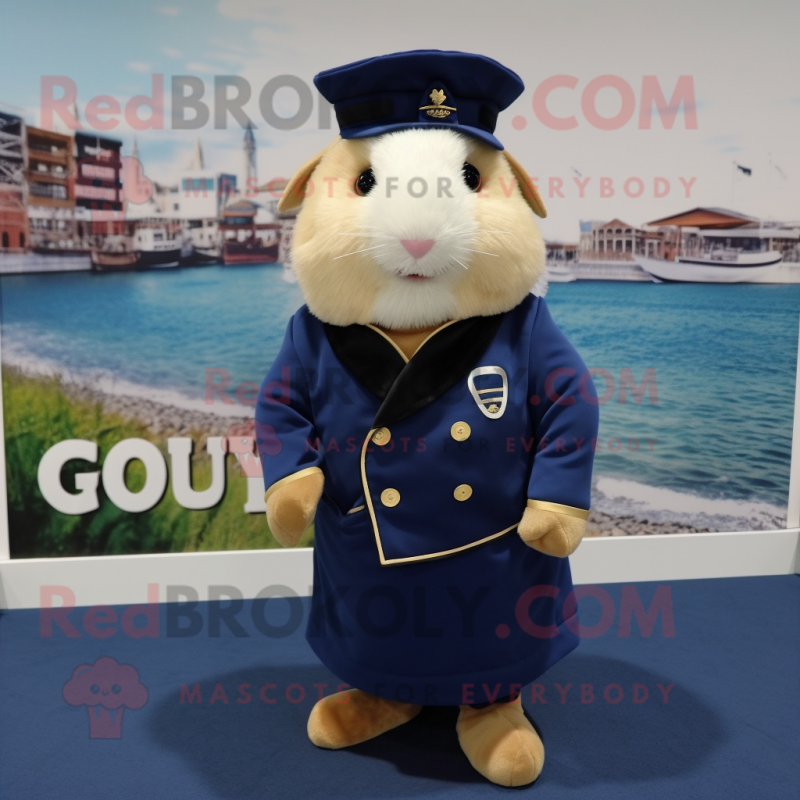 Navy Guinea Pig mascot costume character dressed with a Bermuda Shorts and Shoe clips