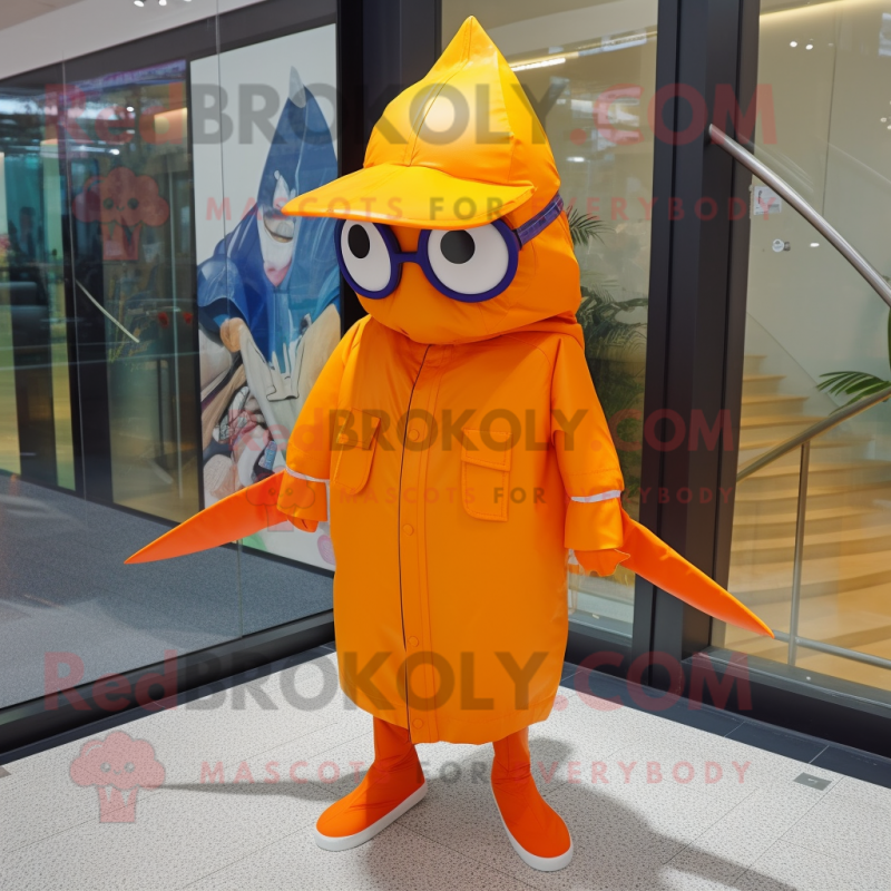 Orange Swordfish mascot costume character dressed with a Raincoat and Eyeglasses