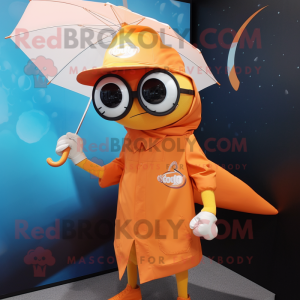 Orange Swordfish mascot costume character dressed with a Raincoat and Eyeglasses