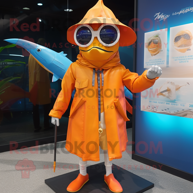 Orange Swordfish mascot costume character dressed with a Raincoat and Eyeglasses