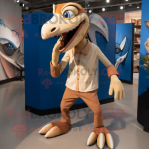 Tan Dimorphodon mascot costume character dressed with a Poplin Shirt and Shoe laces