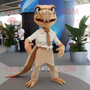 Tan Dimorphodon mascot costume character dressed with a Poplin Shirt and Shoe laces