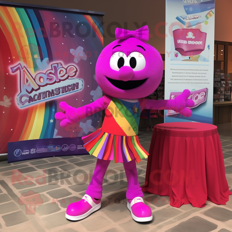 Magenta Rainbow mascot costume character dressed with a Tank Top and Bow ties Magenta Rainbow mascot costume character dressed with a Tank Top and Bow ties