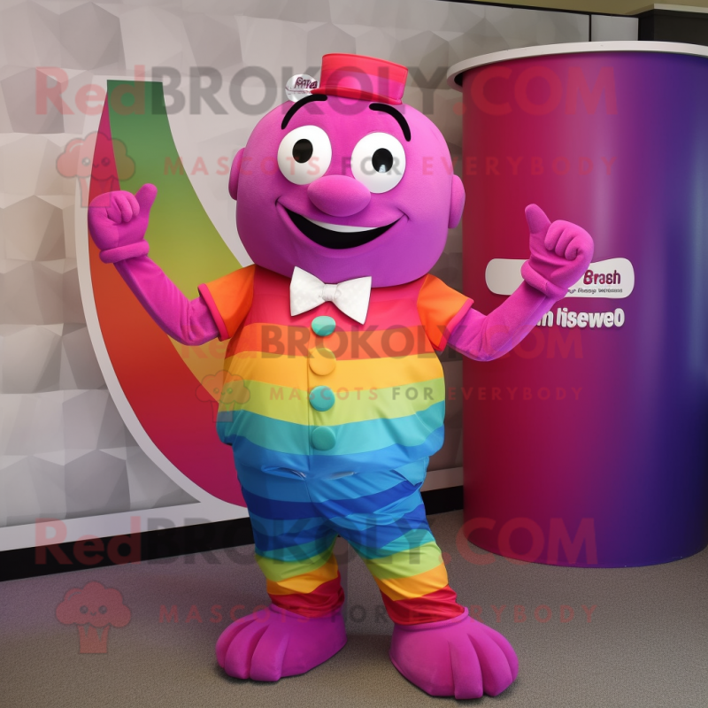 Magenta Rainbow mascot costume character dressed with a Tank Top and Bow ties Magenta Rainbow mascot costume character dressed with a Tank Top and Bow ties