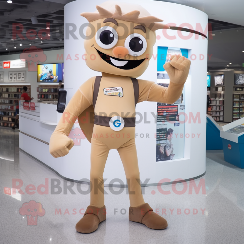 Tan Superhero mascot costume character dressed with a Skinny Jeans and Suspenders